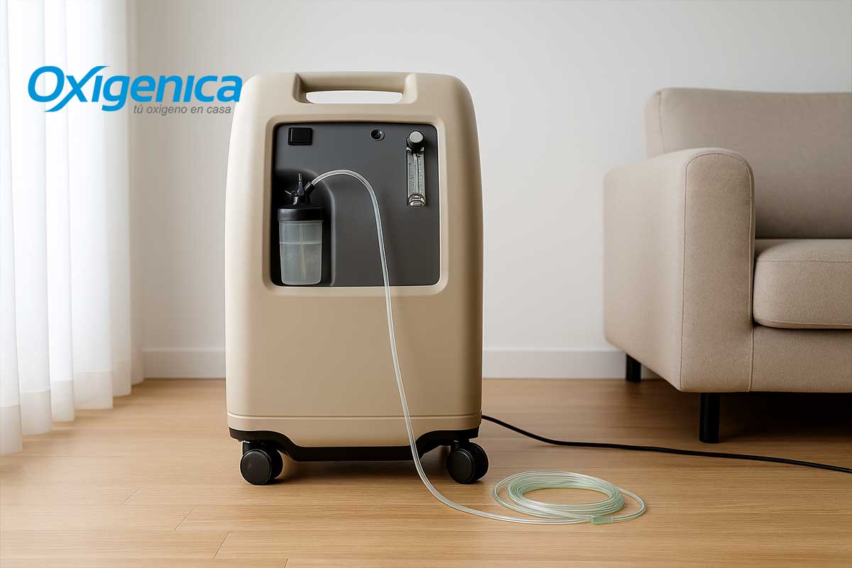 Primer plano del concentrador de oxígeno 10 L con botella humidificadora conectada para uso confortable en casa.