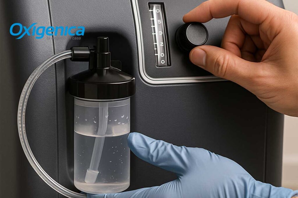 Guía Completa para Renta de Oxígeno en Monterrey Primer plano de humidificador conectado y panel de flujo del concentrador; conexión segura para terapia en Monterrey.