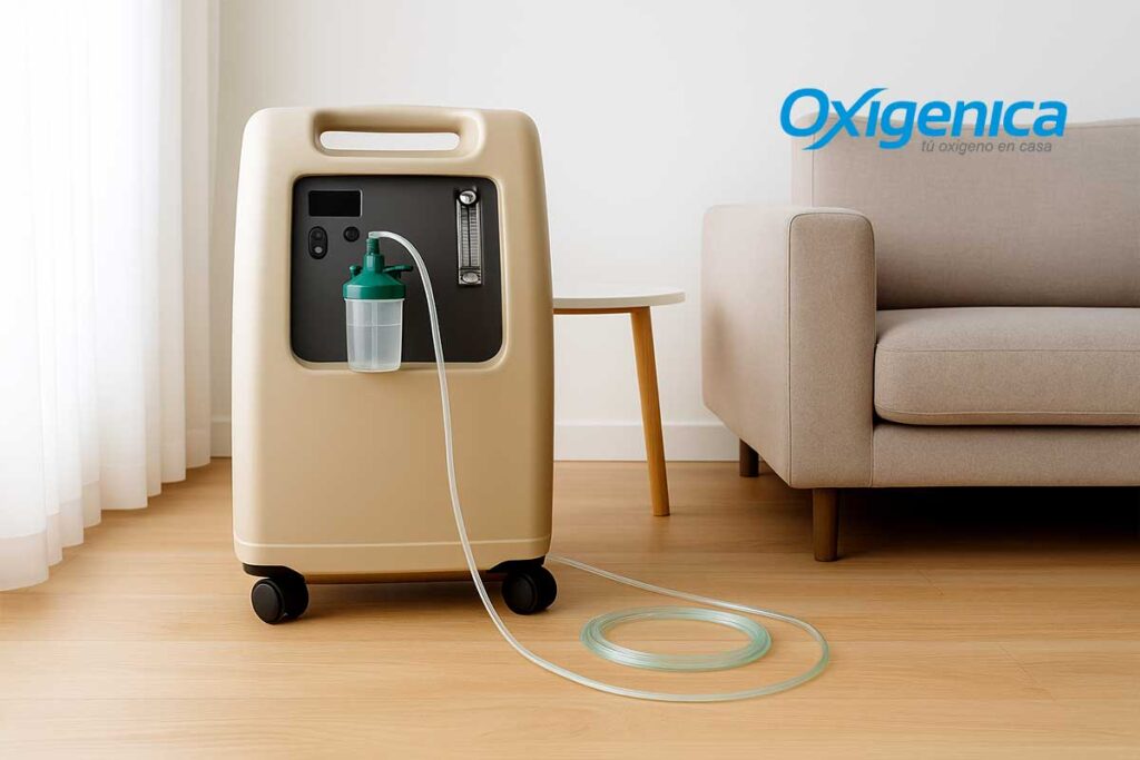 Concentrador de oxígeno portátil en sala de casa para terapia respiratoria.
