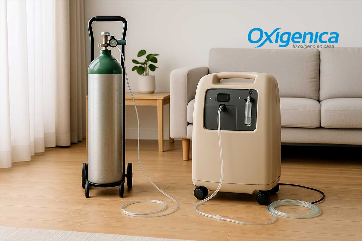 Comparación de tanque de oxígeno y concentrador en sala para renta de oxígeno en casa.