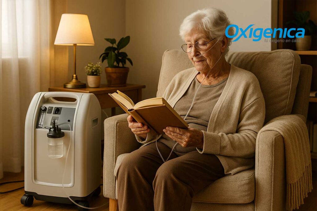 Guía Completa para Renta de Oxígeno en Monterrey Paciente leyendo en sala mientras usa concentrador de oxígeno con cánula y humidificador; terapia cómoda en Monterrey.