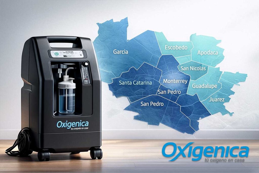 Mapa estilizado de Monterrey y municipios del Área Metropolitana mostrando zonas de cobertura de oxígeno.