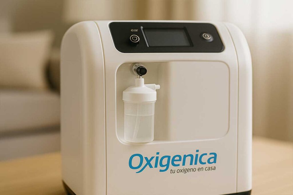 Primer plano de un concentrador de oxígeno mostrando el panel frontal y humidificador