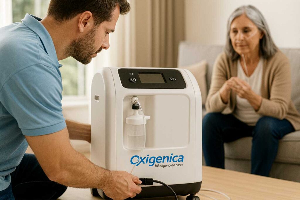 Técnico instalando un concentrador de oxígeno en la sala de una casa en Monterrey